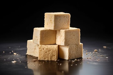 cubes of tofu on an isolated black background