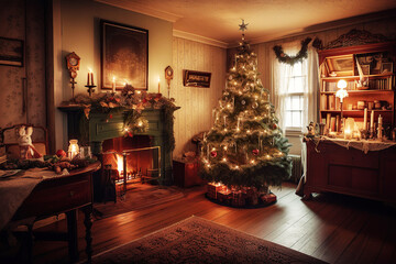 Fototapeta na wymiar ai generated Illustration living room with a christmas tree and a fire place