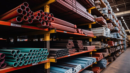 Shelves of Steel Profile Industry Construction stacked in the warehouse