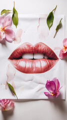 Generative AI, kiss, imprint of female lips on a white sheet of paper surrounded by spring colorful flowers, love, tenderness, feelings, valentine's day, postcard