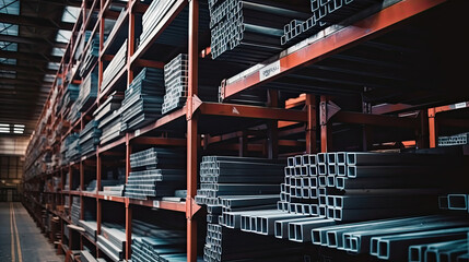 Shelves of Steel Pipe Industry Construction stacked in the warehouse