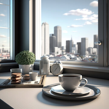 ai generated Illustration  cup of coffee on a table with a view of a city skyline in the background
