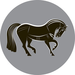 Black and white horse. Racing horse silhouette. Stylish outline horse on gray circle background. For stables design, farms, races. Equestrian symbol. Logo template.