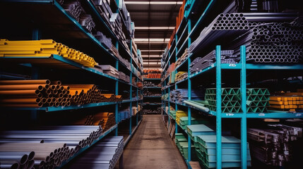 Fototapeta premium Shelves of Steel Pipe Industry Construction stacked in the warehouse