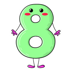 Illustration of number eight in Kawaii style with a surprised attitude, design for t-shirt, clipart