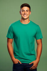 Obraz premium Man in green t-shirt, print on demand mockup