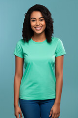 Woman in green t-shirt, print on demand mockup