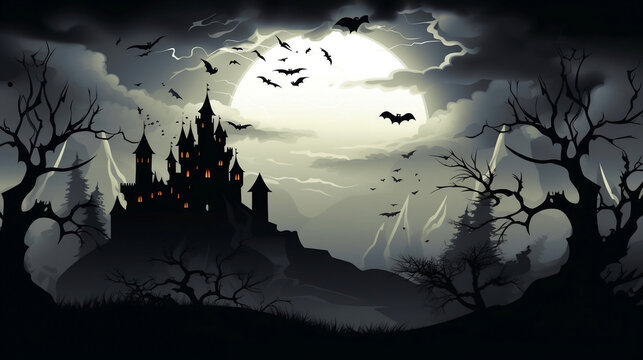 Halloween night background with castle and bats