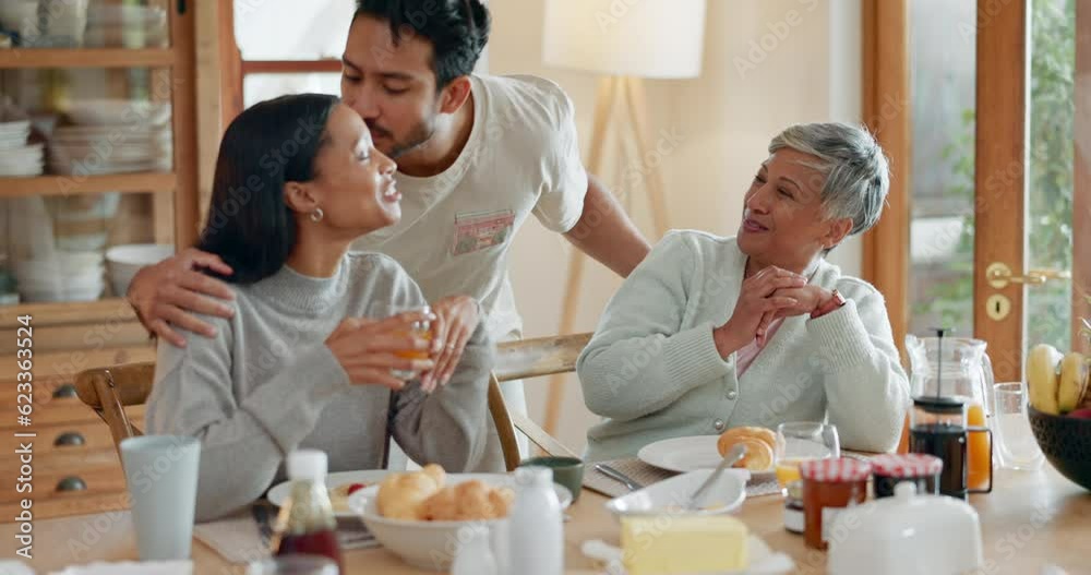 Canvas Prints Hug, couple and family breakfast at a table at home for health and wellness. A mother with a married man and woman or friends together in dining room with love, care and conversation about food