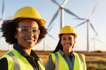 Environmental workers in a wind power field, collaborating on sustainable energy projects.