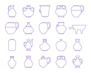Vector illustration with bowl of various shapes. Set ceramic pot icon in linear style