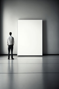 ai generated illustration rear view of men looking at large blank poster