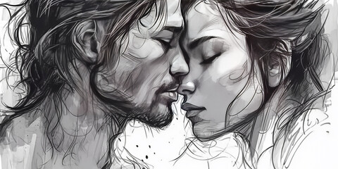 Romantic depiction of a heterosexual couple sharing an intimate, loving kiss; beautifully captured in timeless black and white. Generative AI