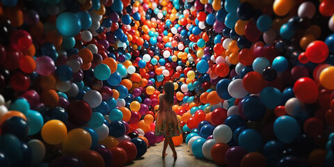 A huge crowd of balloons and a little girl in the middle.