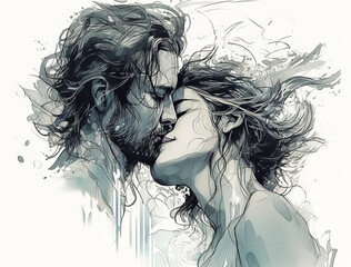 Fototapeta premium Romantic black and white depiction of a heterosexual couple passionately kissing, conveying a timeless expression of love and affection. Generative AI