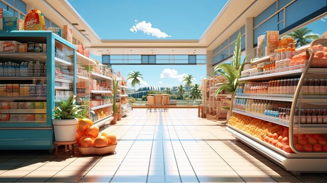 3d rendering of supermarket in minimalist and colorful style 3d illustration