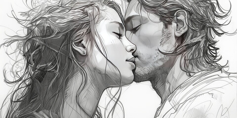 Passionate black and white depiction of a heterosexual couple sharing a touchingly intimate kiss, resonates deep human emotions. Generative AI
