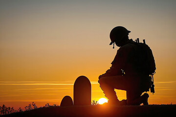 ai generated illustration Soldier visiting military cemetery sunset - obrazy, fototapety, plakaty