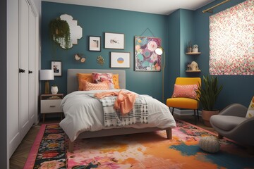 A colorful and eclectic living room inspired by mid-century modern design,  mixed with contemporary art and bold pops of color, generative AI