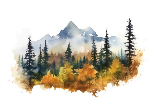 Watercolor autumn mountains with fir trees on white background Generative AI