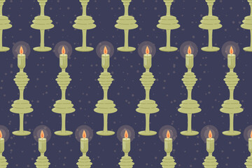 Decorative old interior flat candle with a candlestick. Vector seamless pattern.