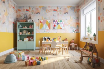 Children's bedroom with many toys and window. Generative AI
