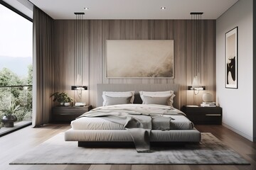 Stylish interior of comfortable bedroom. Generative AI