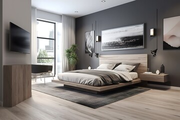 Stylish interior of comfortable bedroom. Generative AI