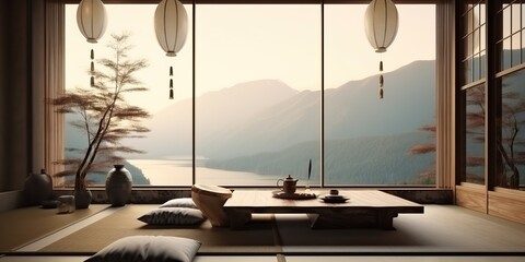 AI Generated. AI Generative. Classic vintage traditional asian chinese japanese interior minimalistic style with big window view on nature outdoor landscape. Forest and mountains. Graphic Art