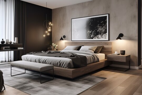 Stylish interior of comfortable bedroom. Generative AI