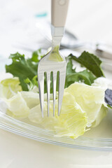 Salad on fork isolated on white
