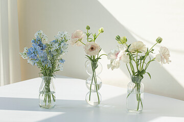 Blue delphiniums with butterfly Ranunculus in a glass vase