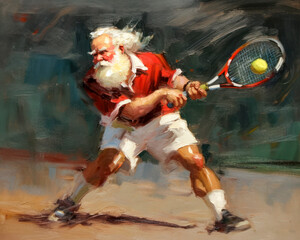 Oil painting of Santa Claus playing tennis