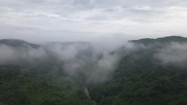 Clouds Over valley of Garo Hills In Meghalaya, India. Misty fog blowing over tree forest. Aerial footage of rain forest on the mountain hills at misty day. Morning monsoon flying through Khasi Hills