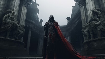 Red Sentinel Against Time: Majestic Statue of a Hooded Warrior, Standing as a Testament to the Kingdom's Glorious Past in Medieval Castle