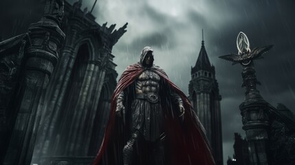 Guardian of History in Stone: Red-Cloaked Warrior, An Ancient Sculpture in the Fortress Heart, Echoing Centuries of Heroic Deeds