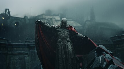 Silent Watcher Amidst Shadows: Red-Hooded Warrior Statue's Vigil Over the Ancient Medieval Castle Battlements