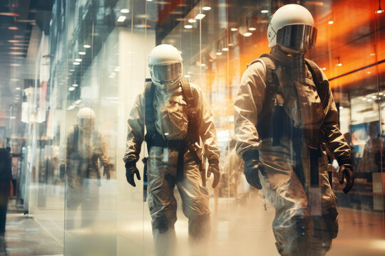 Specialists in uniforms during emergency action in public place. Future rescue team exploring infected zone. Scientist in space suits - Powered by Adobe
