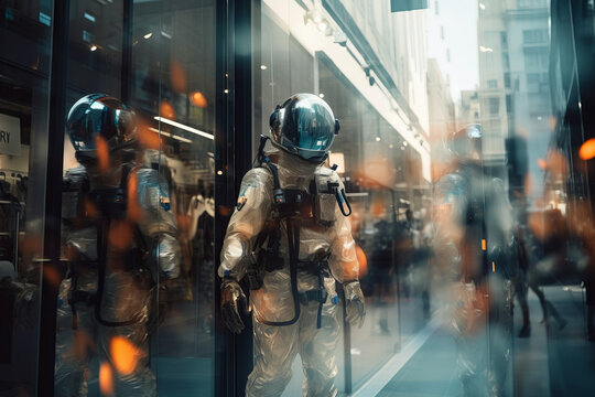 Emergency action in futuristic city. Future rescue team exploring infected zone. Scientist in space suits. Futuristic science mission. Rescue expedition