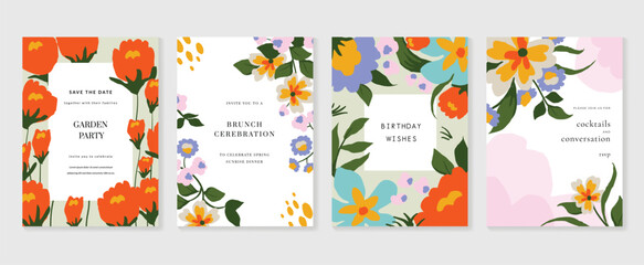 Set of abstract floral invitation card background vector. Hand drawn vibrant color botanical flower and leaf branch cover. Design illustration for flyer, poster, banner, brochure, wedding, birthday.