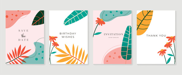 Set of abstract floral invitation card background vector. Hand drawn vibrant color botanical flower and leaf branch cover. Design illustration for flyer, poster, banner, brochure, wedding, birthday.