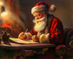 Oil painting of Santa Claus sitting at a desk writing a list