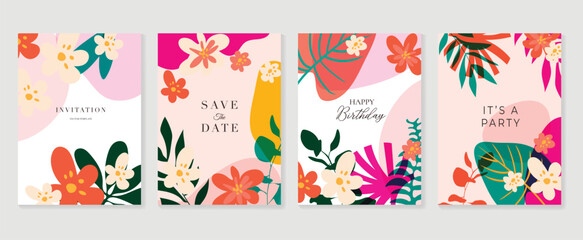 Obraz na płótnie Canvas Set of abstract floral invitation card background vector. Hand drawn vibrant color botanical flower and leaf branch cover. Design illustration for flyer, poster, banner, brochure, wedding, birthday.