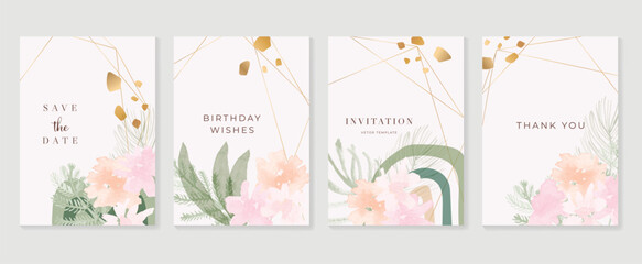 Set of luxury floral invitation card background vector. Hand drawn botanical flower, leaf branch with watercolor texture. Design illustration for flyer, poster, banner, brochure, wedding, birthday.