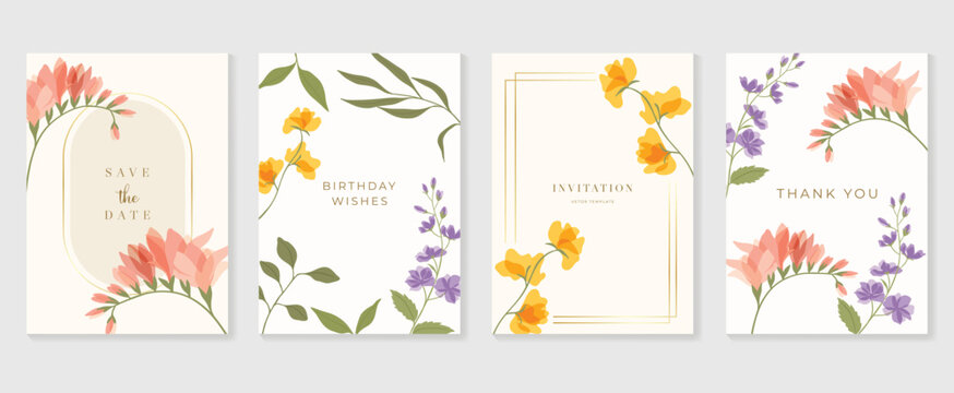 Set of luxury floral invitation card background vector. Hand drawn vibrant color botanical flower and leaf branch cover. Design illustration for flyer, poster, banner, brochure, wedding, birthday.