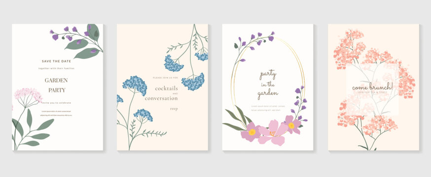 Set of luxury floral invitation card background vector. Hand drawn vibrant color botanical flower and leaf branch cover. Design illustration for flyer, poster, banner, brochure, wedding, birthday.