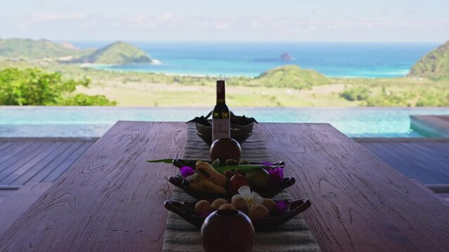 Gourmet local fruit platter on the private villa dining table at luxury resort in Lombok Indonesia