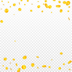 Bitcoin coins falling. Cryptocurrency scattered