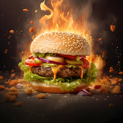 hamburger on black fire background