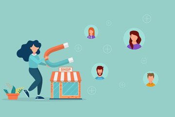 Promotion in social networks and customer acquisition, attracting users and customers, woman with big magnet getting new clients and users for business.
